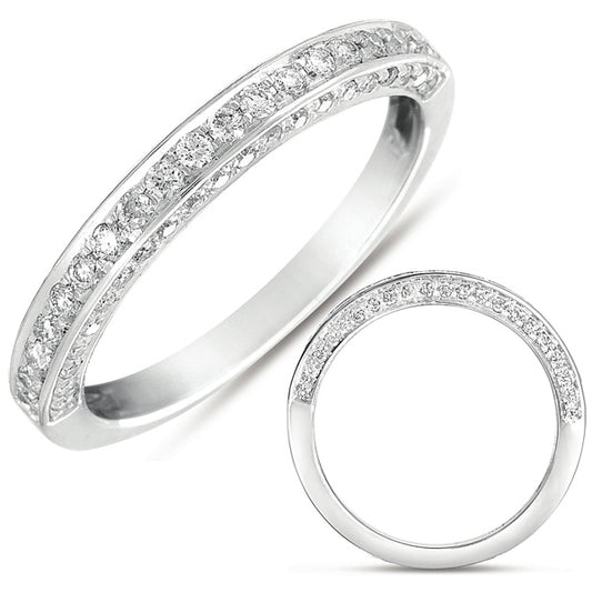 This Band is available in 14K White Gold. There are a total of 61 stones. There are Round with a total carat weight of 0.35 set in a Micro Pave setting.
