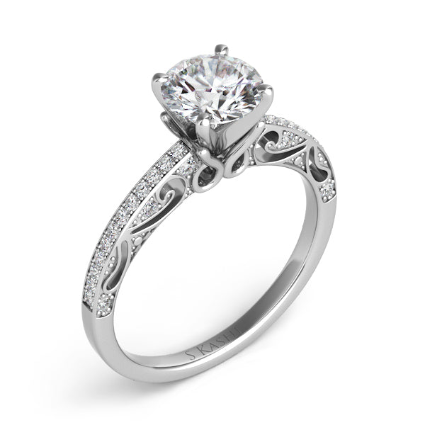 This Engagement Ring  is available in 14K White Gold. There are a total of 36 stones. There are Rounds with a total carat weight of 0.2 set in a Micro Pave setting.