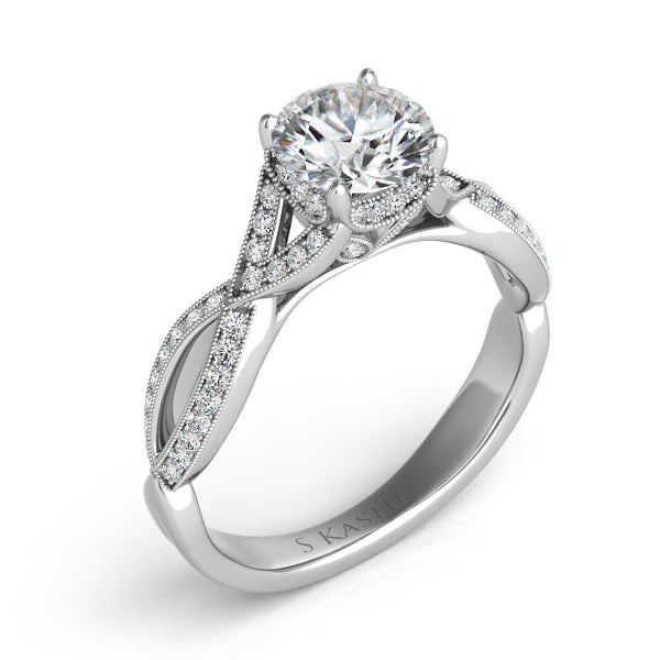 This Engagement Ring  is available in 14K White Gold. There are a total of 72 stones. There are Rounds with a total carat weight of 0.25 set in a Micro Pave setting.