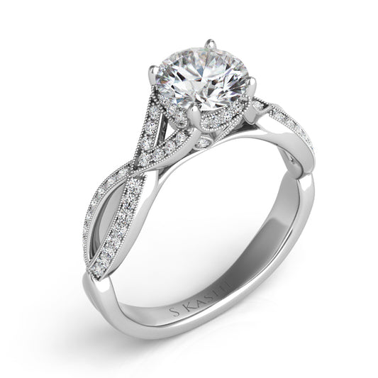 This Engagement Ring  is available in 14K White Gold. There are a total of 72 stones. There are Rounds with a total carat weight of 0.25 set in a Micro Pave setting.