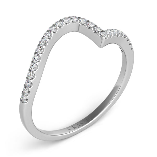 This Band is available in 14K White Gold. There are a total of 25 stones. There are Round with a total carat weight of 0.13 set in a Prong Set setting.