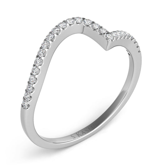 This Band is available in 14K White Gold. There are a total of 25 stones. There are Round with a total carat weight of 0.13 set in a Prong Set setting.
