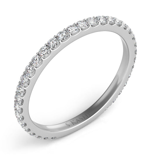 This Band is available in 14K White Gold. There are a total of 34 stones. There are Round with a total carat weight of 0.45 set in a Micro Prong setting.