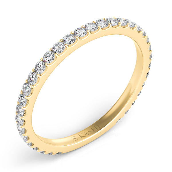 This Band is available in 14K Yellow Gold. There are a total of 34 stones. There are Round with a total carat weight of 0.45 set in a Micro Prong setting.