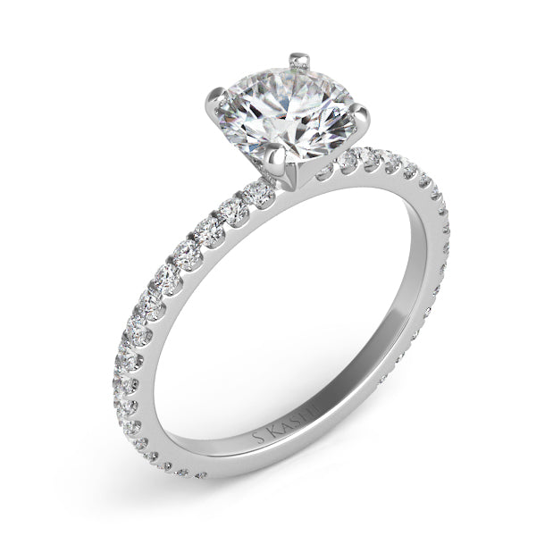 This Engagement Ring  is available in 14K White Gold. There are a total of 32 stones. There are Rounds with a total carat weight of 0.42 set in a Micro Prong setting.