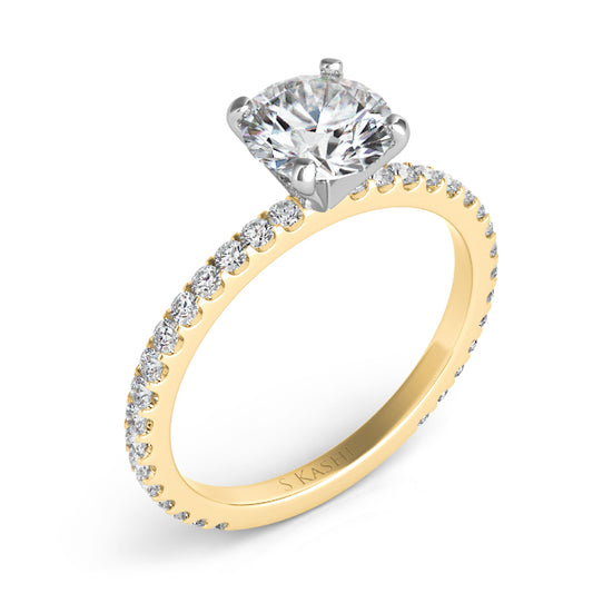 This Engagement Ring  is available in 14K Yellow Gold. There are a total of 32 stones. There are Rounds with a total carat weight of 0.42 set in a Micro Prong setting.