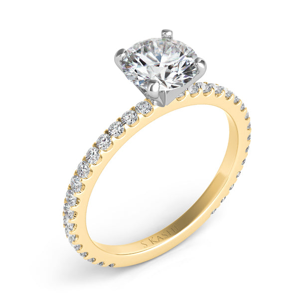 This Engagement Ring  is available in 14K Yellow Gold. There are a total of 32 stones. There are Rounds with a total carat weight of 0.42 set in a Micro Prong setting.