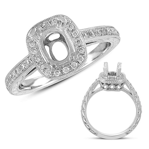 This Engagement Ring  is available in 14K White Gold. There are a total of 44 stones. There are Rounds with a total carat weight of 0.31 set in a Bezel Set|Micro Pave setting.