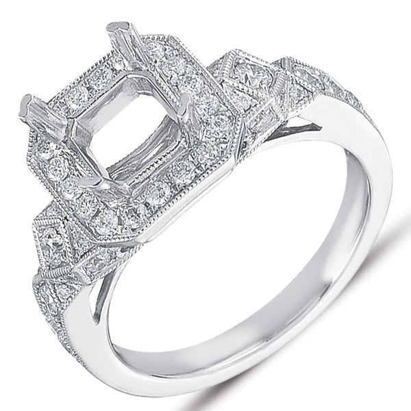 This Engagement Ring  is available in 14K White Gold. There are a total of 42 stones. There are Rounds with a total carat weight of 0.6 set in a Micro Prong setting.