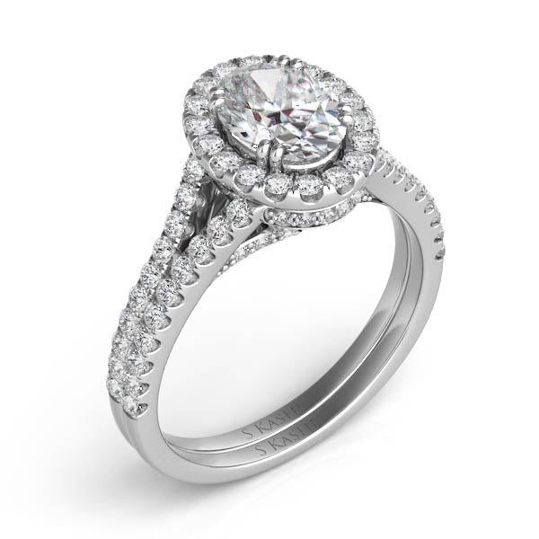 This Engagement Ring  is available in 14K White Gold. There are a total of 86 stones. There are Rounds with a total carat weight of 0.7 set in a Micro Pave|Micro Prong setting.