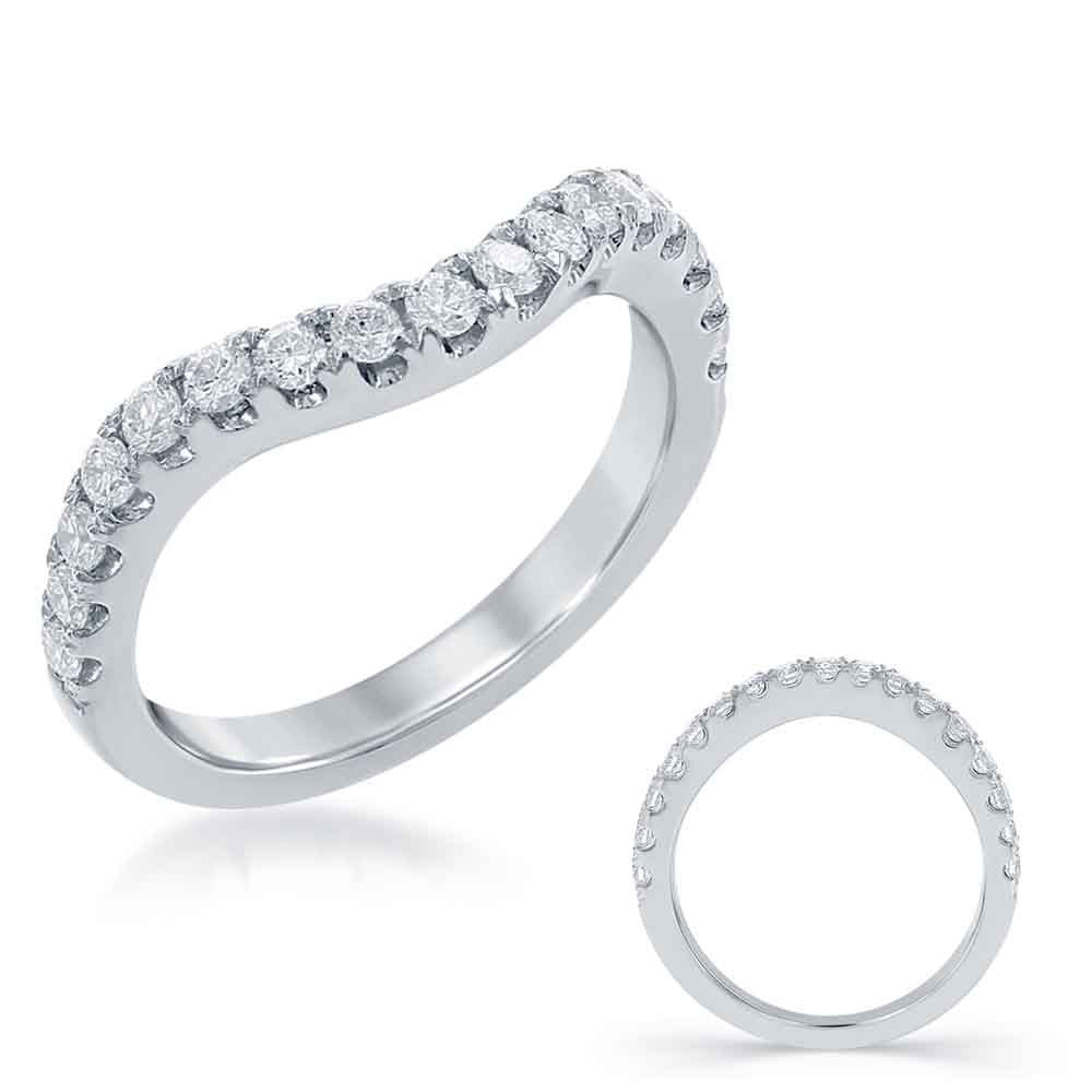This Band is available in 14K White Gold. There are a total of 17 stones. There are Round with a total carat weight of 0.48 set in a Prong Set setting.