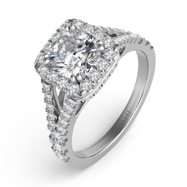 This Engagement Ring  is available in 14K White Gold. There are a total of 60 stones. There are Rounds with a total carat weight of 0.9 set in a Micro Prong setting.