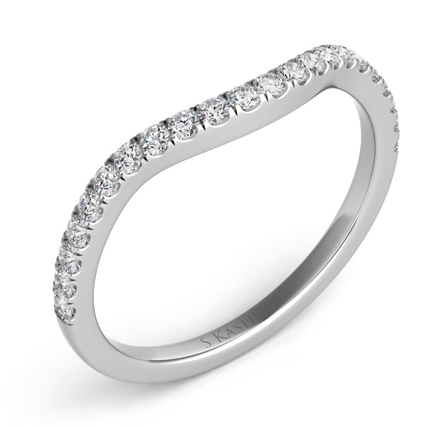 This Band is available in 14K White Gold. There are a total of 22 stones. There are Round with a total carat weight of 0.25 set in a Micro Prong setting.