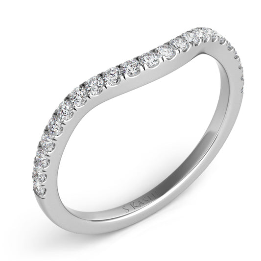 This Band is available in 14K White Gold. There are a total of 22 stones. There are Round with a total carat weight of 0.25 set in a Micro Prong setting.