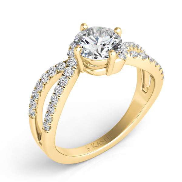 This Engagement Ring  is available in 14K Yellow Gold. There are a total of 34 stones. There are Rounds with a total carat weight of 0.34 set in a Micro Prong setting.