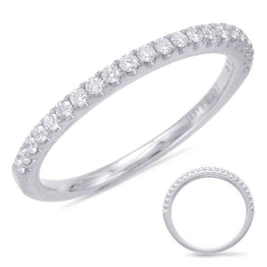 This Band is available in 14K White Gold. There are a total of 22 stones. There are Round with a total carat weight of 0.26 set in a Micro Prong setting.