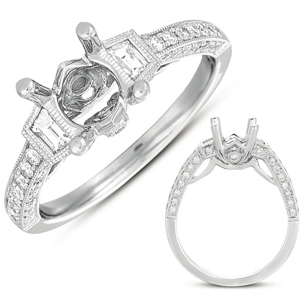 This Engagement Ring  is available in 14K White Gold. There are a total of 50 stones. There are Baguette with a total carat weight of 0.18 set in a Bezel Set|Channel Set|Micro Pave setting.There are Rounds stones with a total carat weight of 0.43 set in a Bezel Set|Channel Set|Micro Pave.