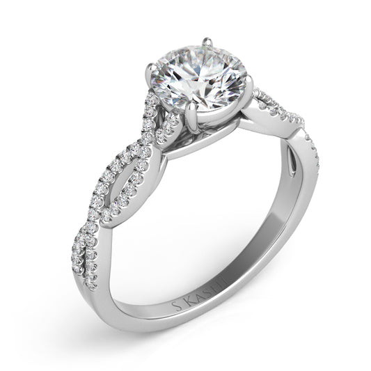 This Engagement Ring  is available in 14K White Gold. There are a total of 64 stones. There are Rounds with a total carat weight of 0.2 set in a Micro Prong setting.