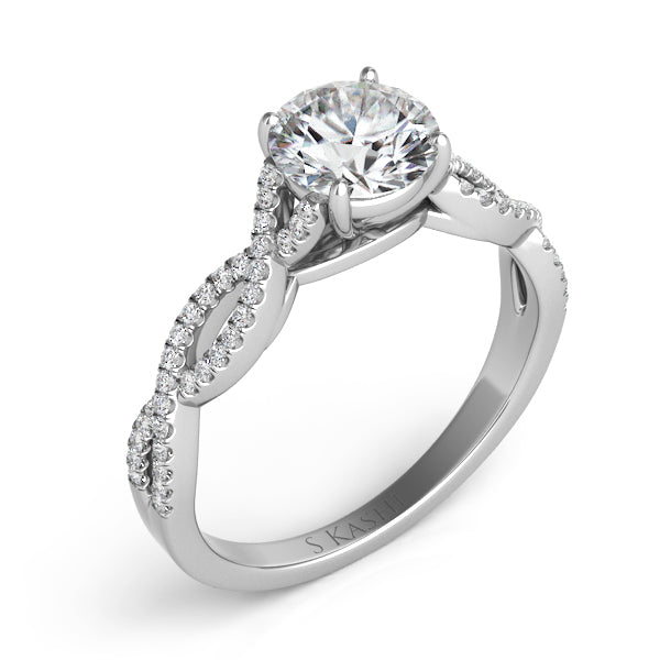 This Engagement Ring  is available in 14K White Gold. There are a total of 64 stones. There are Rounds with a total carat weight of 0.2 set in a Micro Prong setting.