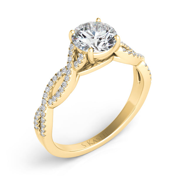 This Engagement Ring  is available in 14K Yellow Gold. There are a total of 64 stones. There are Rounds with a total carat weight of 0.2 set in a Micro Prong setting.