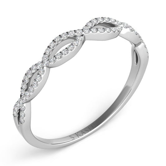 This Band is available in 14K White Gold. There are a total of 57 stones. There are Round with a total carat weight of 0.2 set in a Micro Prong setting.