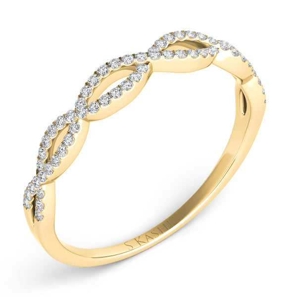 This Band is available in 14K Yellow Gold. There are a total of 57 stones. There are Round with a total carat weight of 0.2 set in a Micro Prong setting.