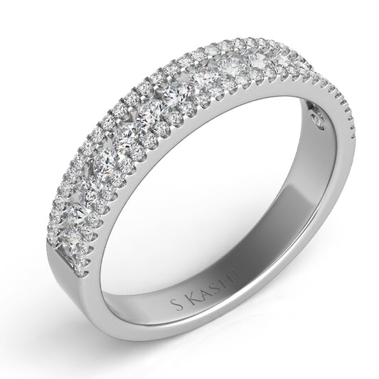 This Band is available in 14K White Gold. There are a total of 79 stones. There are Round with a total carat weight of 0.52 set in a Channel Set|Micro Prong setting.