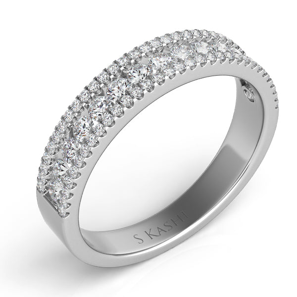 This Band is available in 14K White Gold. There are a total of 79 stones. There are Round with a total carat weight of 0.52 set in a Channel Set|Micro Prong setting.