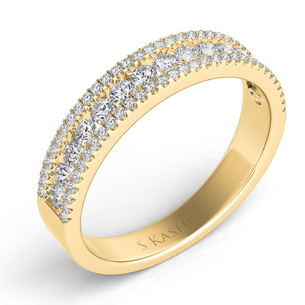 This Band is available in 14K Yellow Gold. There are a total of 79 stones. There are Round with a total carat weight of 0.52 set in a Channel Set|Micro Prong setting.