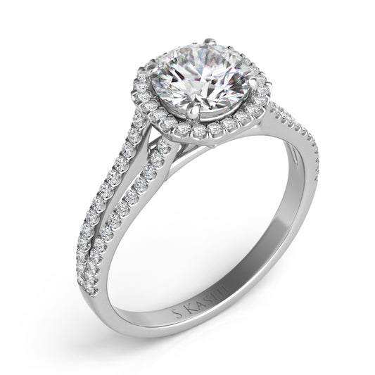 This Engagement Ring  is available in 14K White Gold. There are a total of 78 stones. There are Rounds with a total carat weight of 0.27 set in a Micro Prong setting.