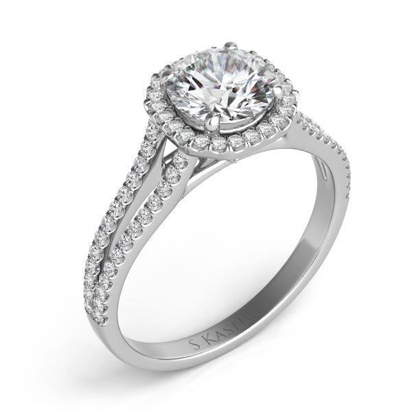 This Engagement Ring  is available in 14K White Gold. There are a total of 78 stones. There are Rounds with a total carat weight of 0.27 set in a Micro Prong setting.