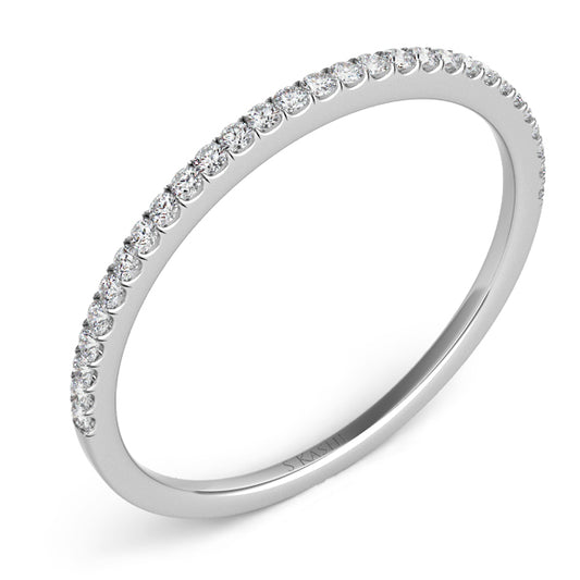 This Band is available in 14K White Gold. There are a total of 29 stones. There are Round with a total carat weight of 0.11 set in a Micro Prong setting.