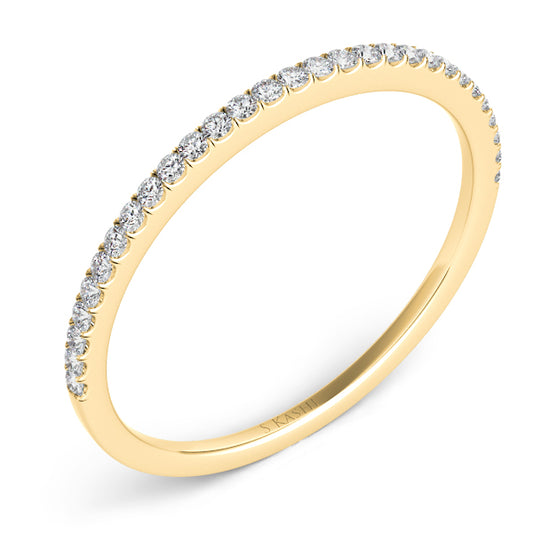 This Band is available in 14K Yellow Gold. There are a total of 29 stones. There are Round with a total carat weight of 0.11 set in a Micro Prong setting.