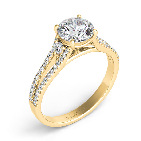 This Engagement Ring  is available in 14K Yellow Gold. There are a total of 58 stones. There are Rounds with a total carat weight of 0.24 set in a Micro Prong|Prong Set setting.