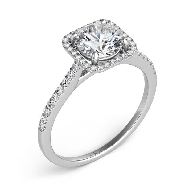 This Engagement Ring  is available in 14K White Gold. There are a total of 42 stones. There are Rounds with a total carat weight of 0.2 set in a Micro Prong setting.
