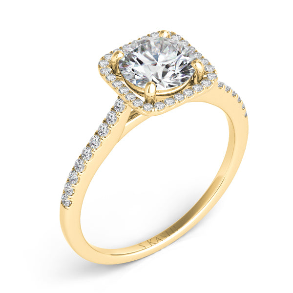 This Engagement Ring  is available in 14K Yellow Gold. There are a total of 42 stones. There are Rounds with a total carat weight of 0.2 set in a Micro Prong setting.