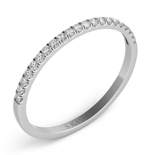 This Band is available in 14K White Gold. There are a total of 21 stones. There are Round with a total carat weight of 0.14 set in a Micro Prong setting.