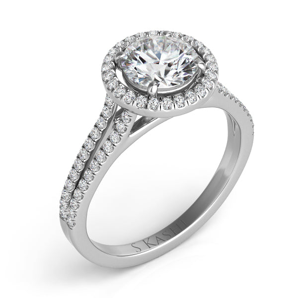 This Engagement Ring  is available in 14K White Gold. There are a total of 74 stones. There are Rounds with a total carat weight of 0.27 set in a Micro Prong setting.