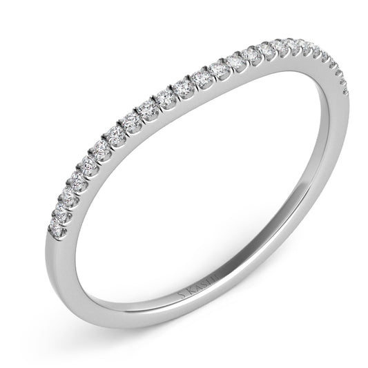 This Band is available in 14K White Gold. There are a total of 25 stones. There are Round with a total carat weight of 0.11 set in a Micro Prong setting.