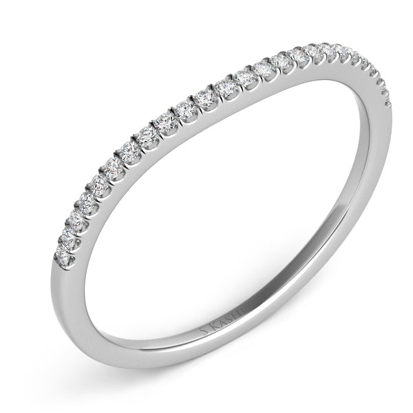 This Band is available in 14K White Gold. There are a total of 25 stones. There are Round with a total carat weight of 0.11 set in a Micro Prong setting.