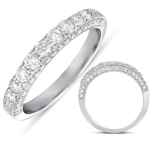 This Band is available in 14K White Gold. There are a total of 55 stones. There are Round with a total carat weight of 0.75 set in a  setting.