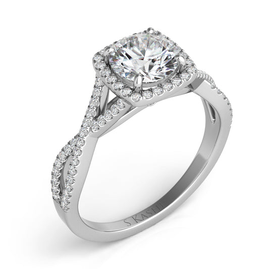 This Engagement Ring  is available in 14K White Gold. There are a total of 78 stones. There are Rounds with a total carat weight of 0.25 set in a Micro Prong setting.