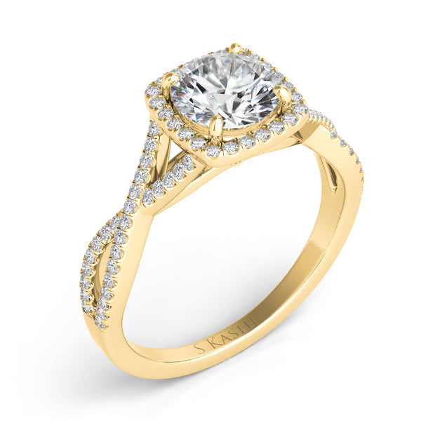 This Engagement Ring  is available in 14K Yellow Gold. There are a total of 86 stones. There are Rounds with a total carat weight of 0.28 set in a Micro Prong setting.
