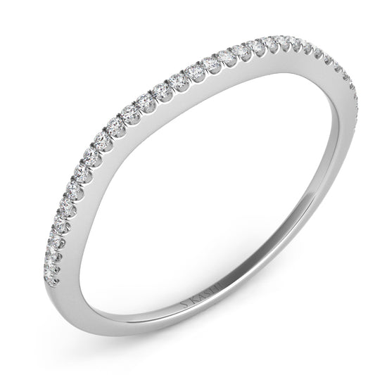 This Band is available in 14K White Gold. There are a total of 33 stones. There are Round with a total carat weight of 0.1 set in a Micro Prong setting.