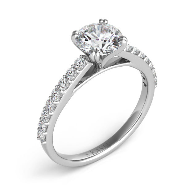 This Engagement Ring  is available in 14K White Gold. There are a total of 16 stones. There are Rounds with a total carat weight of 0.35 set in a Micro Prong setting.
