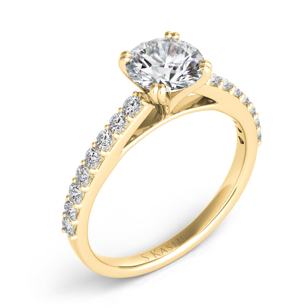 This Engagement Ring  is available in 14K Yellow Gold. There are a total of 16 stones. There are Rounds with a total carat weight of 0.35 set in a Micro Prong setting.
