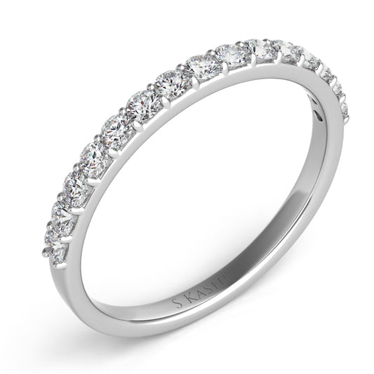 This Band is available in 14K White Gold. There are a total of 16 stones. There are Round with a total carat weight of 0.35 set in a Micro Prong setting.