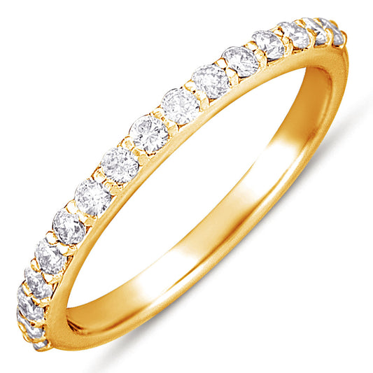 This Band is available in 14K Yellow Gold. There are a total of 16 stones. There are Round with a total carat weight of 0.35 set in a Prong Set setting.