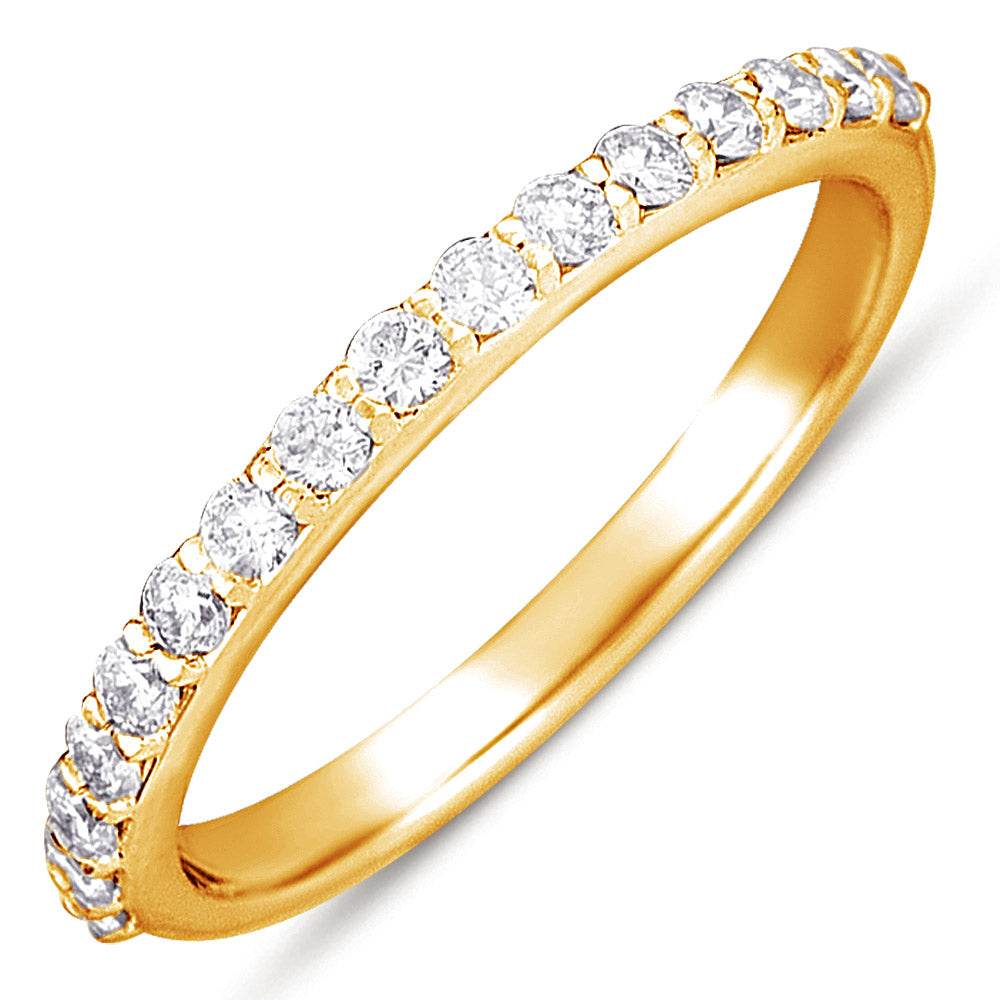 This Band is available in 14K Yellow Gold. There are a total of 16 stones. There are Round with a total carat weight of 0.35 set in a Prong Set setting.