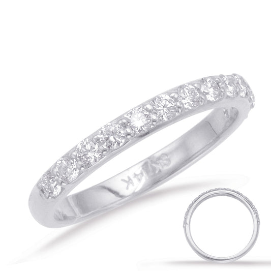This Band is available in 14K White Gold. There are a total of 13 stones. There are Round with a total carat weight of 0.51 set in a Prong Set setting.